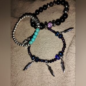 Silver and Black Beaded Bracelet Set